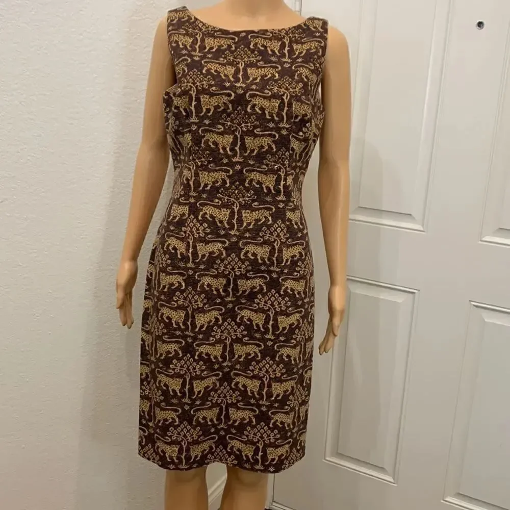 Maggy London Size 8 Tiger Beaded Scoop Neck Short Sleeve Midi Zippered Dress